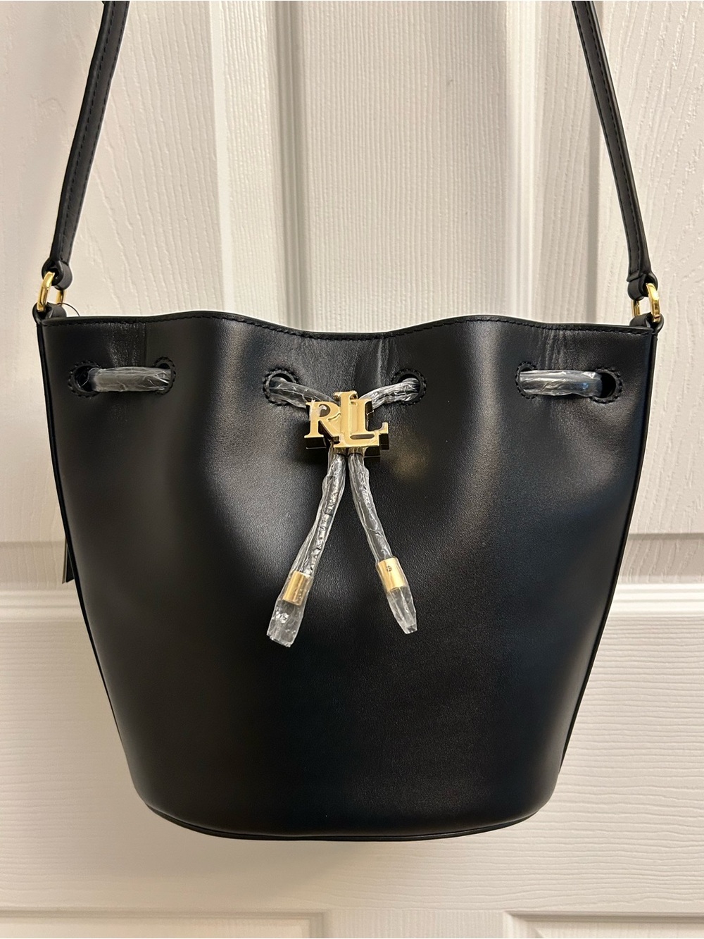 Ralph Lauren Black Leather Drawstring Bucket Shoulder Bag with Gold RL Hardware